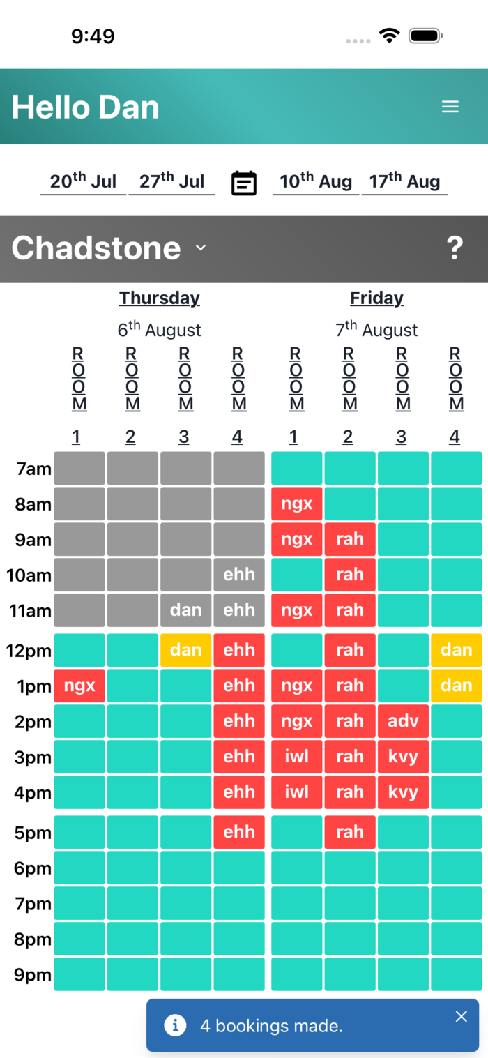 The Counselling Rooms app showing a location's weekly booking calendar
